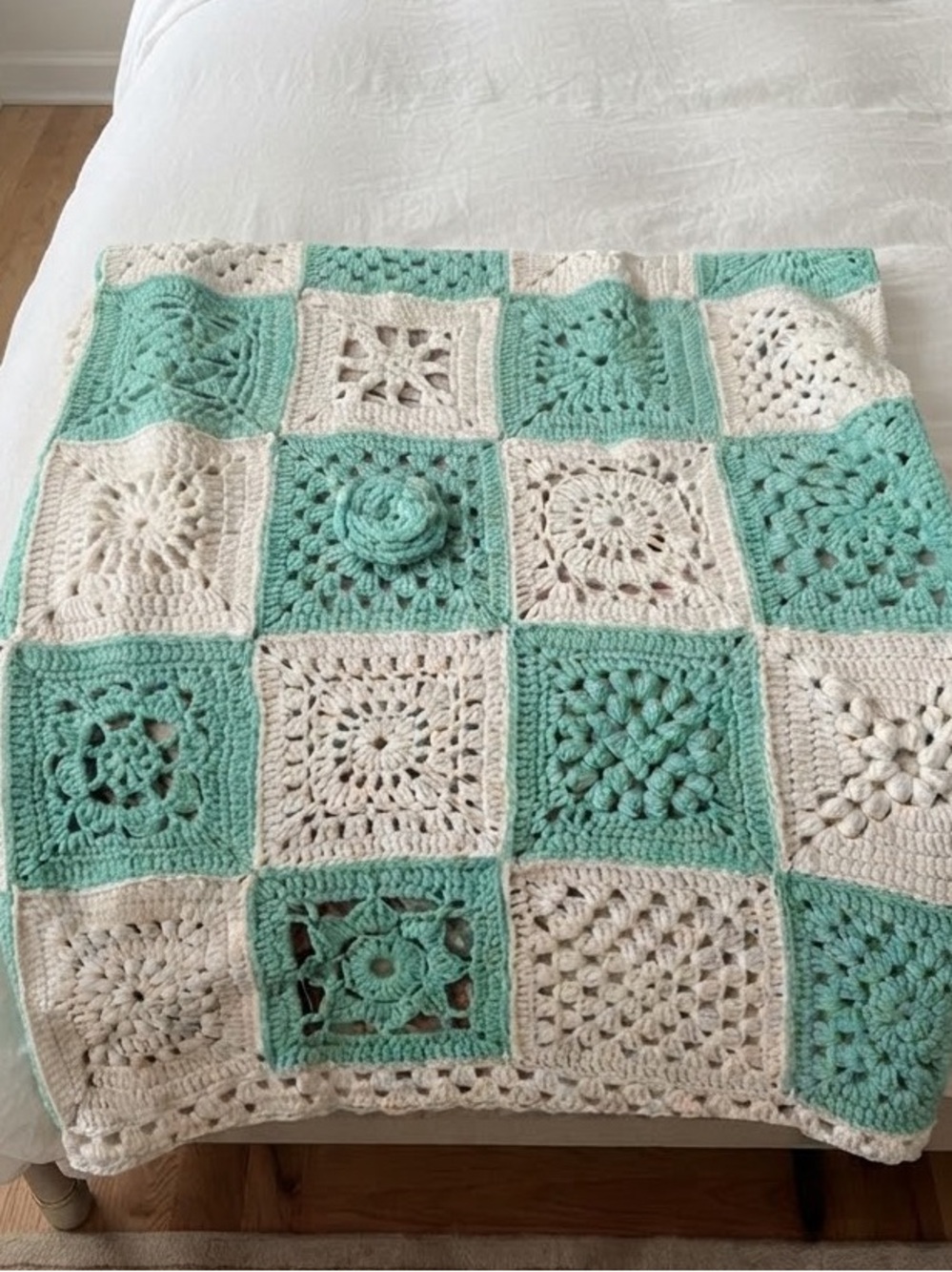 Handmade mint and white crochet granny square afghan blanket Throw 45x64